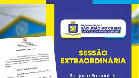 Câmara de São João do Cariri convoca sessão extraordinária para votação de reajustes salariais dos servidores municipais