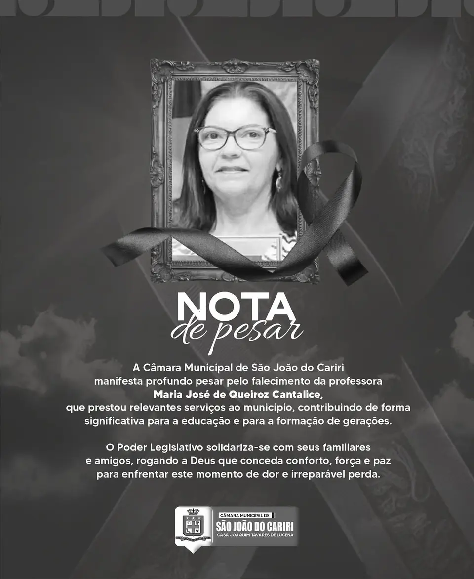 Câmara Municipal de São João do Cariri manifesta pesar pelo falecimento da professora Maria José de Queiroz Cantalice