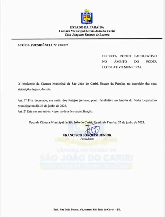 Câmara de São João do Cariri decreta ponto facultativo nesta sexta-feira, véspera de São João