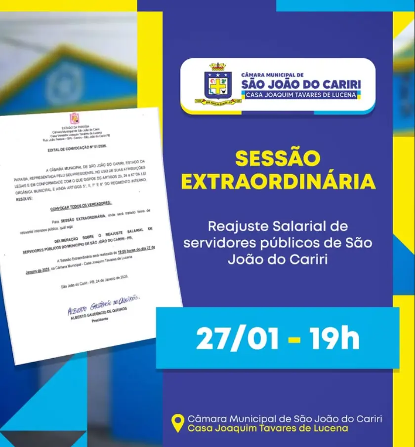 Câmara de São João do Cariri convoca sessão extraordinária para votação de reajustes salariais dos servidores municipais