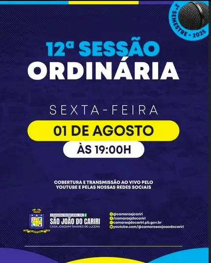 Câmara Municipal de São João do Cariri realiza 12ª sessão ordinária nesta sexta-feira 01/08