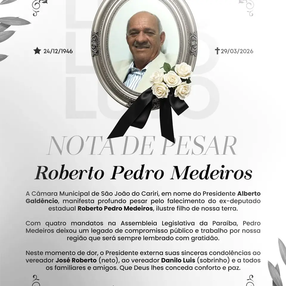 São João do Cariri: Luto oficial pela morte do ex-deputado Pedro Medeiros