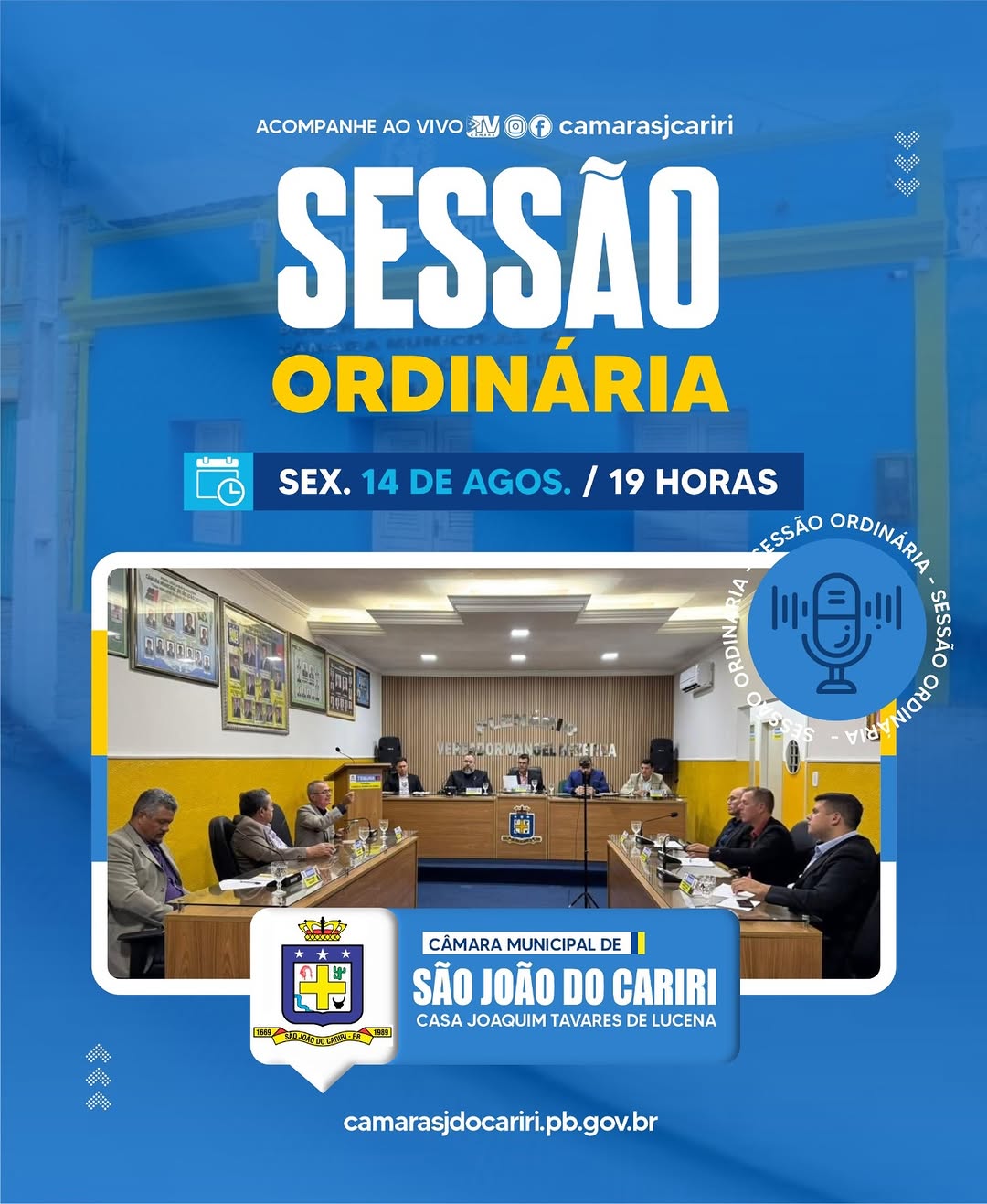 🏛️ A Câmara Municipal de São João do Cariri realizará, nesta sexta-feira, dia 14, a te...