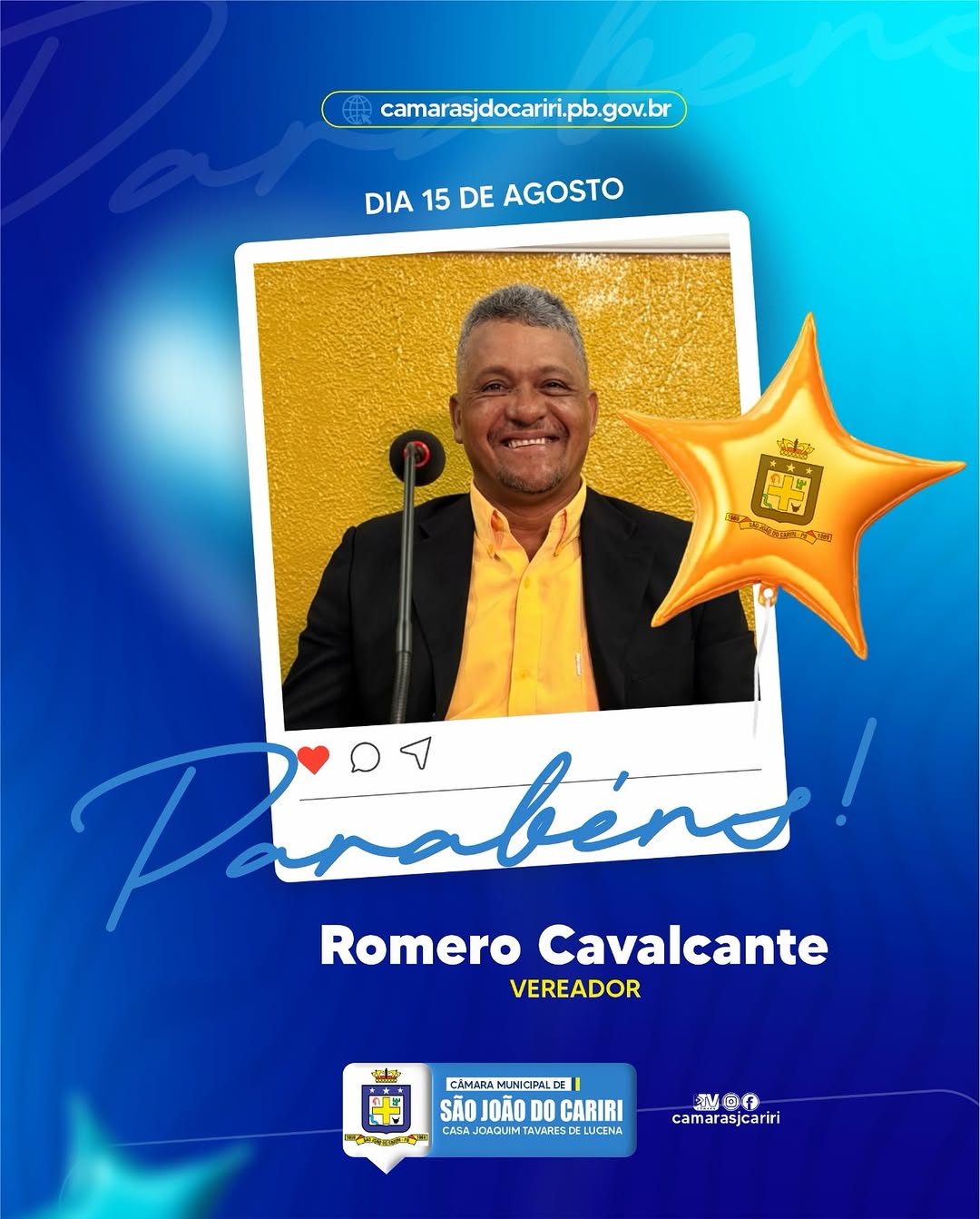 Câmara de São João do Cariri parabeniza vereador Romero Cavalcante pelo aniversário